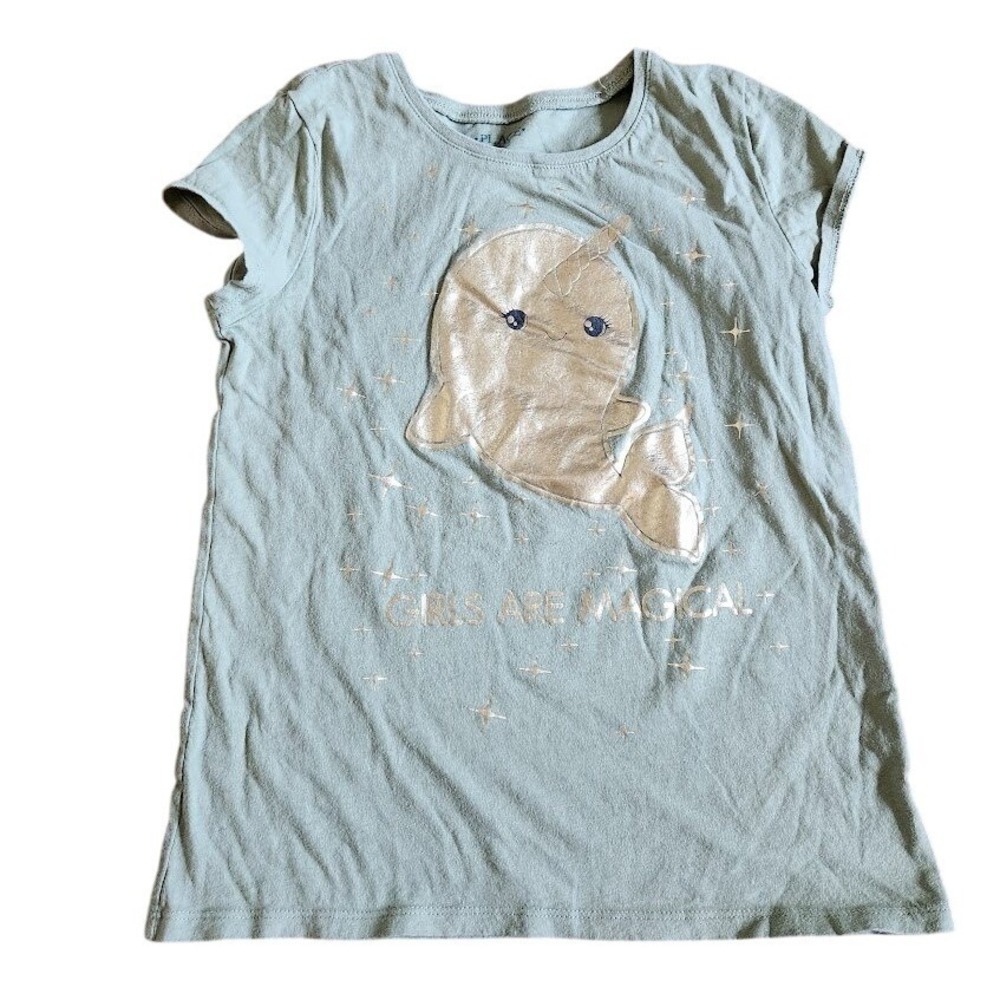 Childrens Place Girl Sage Green Metallic Narwhal Magical Graphic Tee L 10/12 632